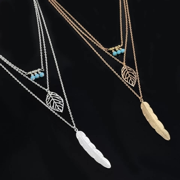 NEW Gold Feather‎ Turquoise Layered Necklace - Picture 3 of 16